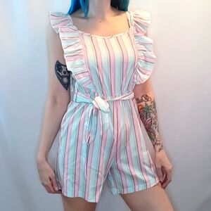 Pastel Pinks & Aqua Striped Ruffle Romper.